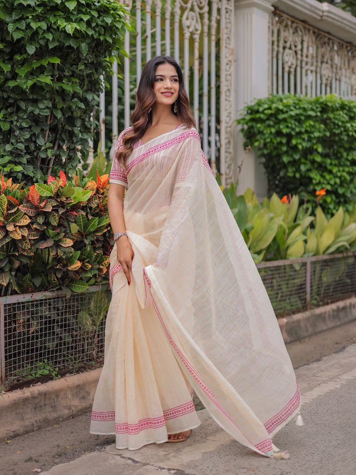 Ivory Mul Cotton Striped Saree for Women with Pink Printed Border & Tassels | Soft Breathable Office & Daily Wear Saree