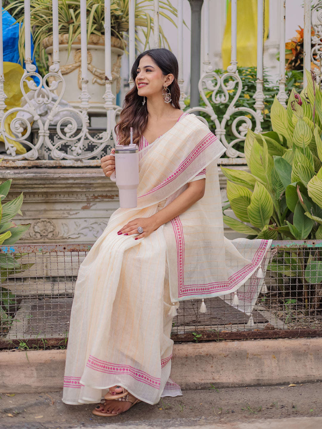 Ivory Mul Cotton Striped Saree for Women with Pink Printed Border & Tassels | Soft Breathable Office & Daily Wear Saree