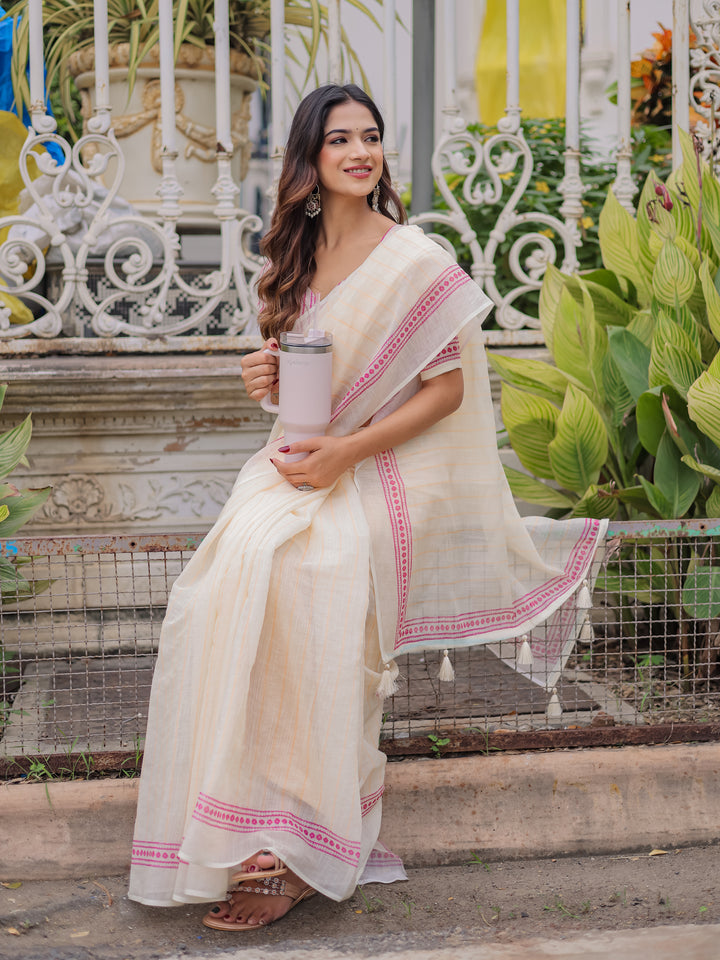 Ivory Mul Cotton Striped Saree for Women with Pink Printed Border & Tassels | Soft Breathable Office & Daily Wear Saree