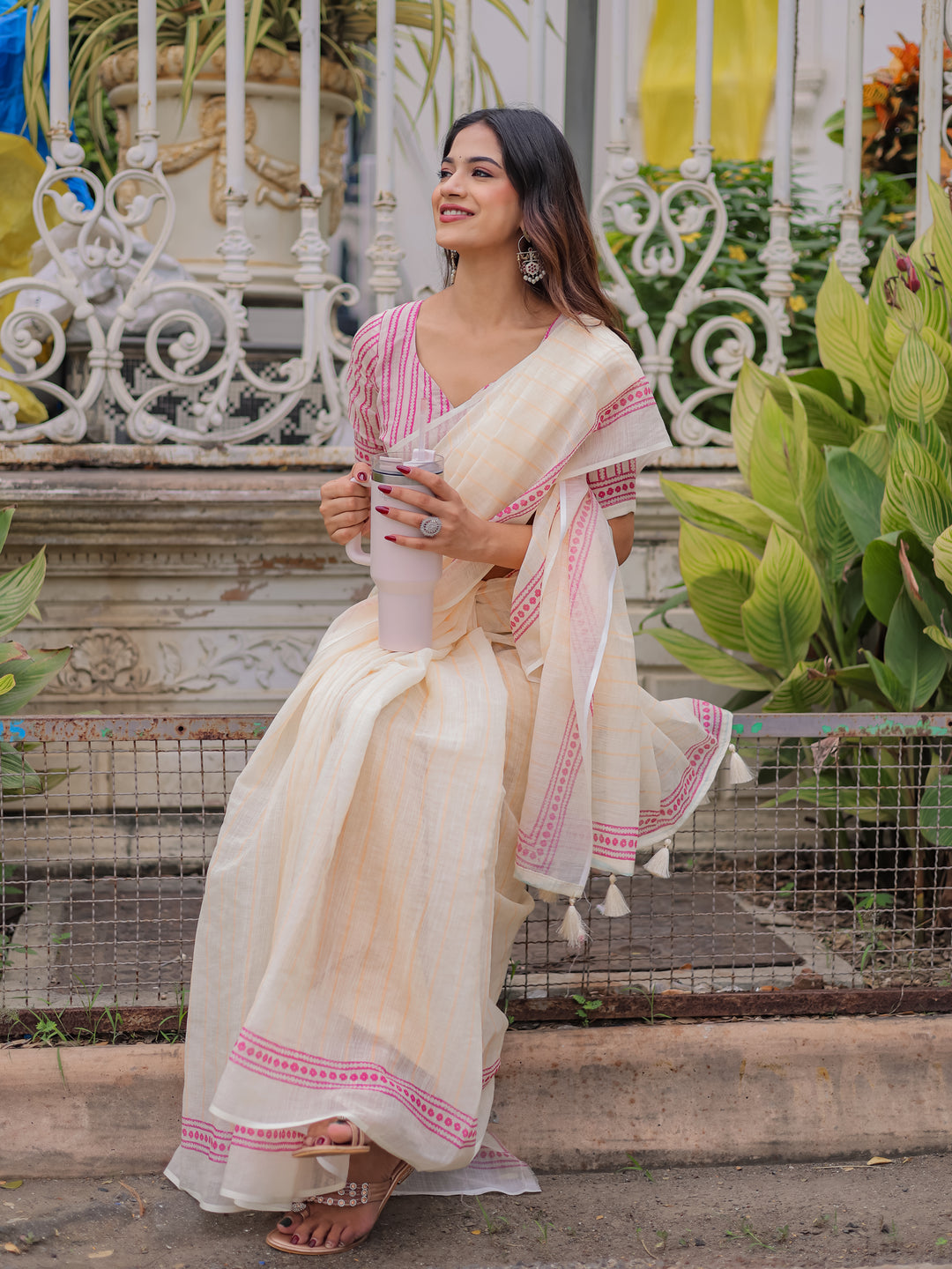 Ivory Mul Cotton Striped Saree for Women with Pink Printed Border & Tassels | Soft Breathable Office & Daily Wear Saree