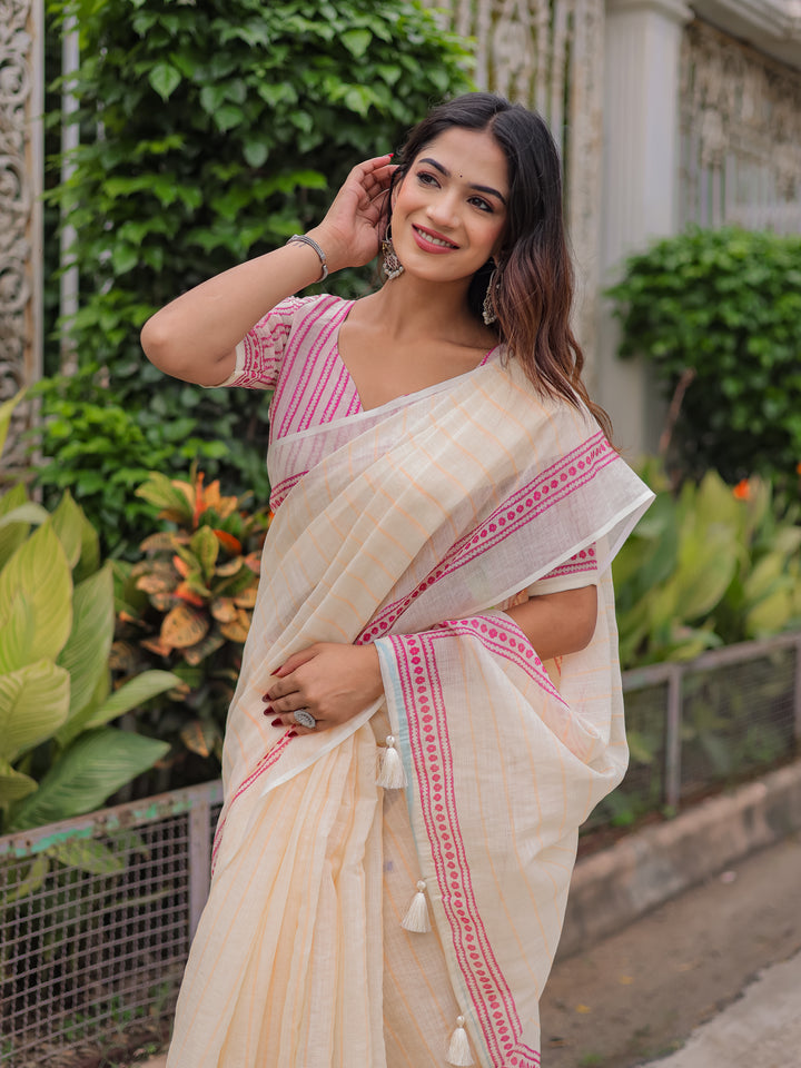 Ivory Mul Cotton Striped Saree for Women with Pink Printed Border & Tassels | Soft Breathable Office & Daily Wear Saree