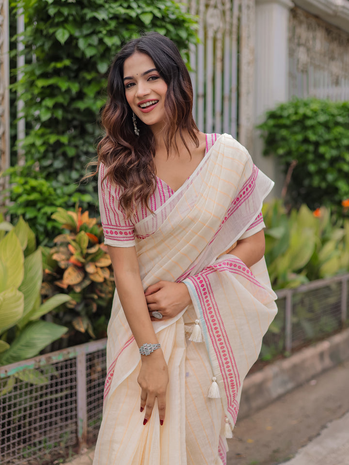 Ivory Mul Cotton Striped Saree for Women with Pink Printed Border & Tassels | Soft Breathable Office & Daily Wear Saree