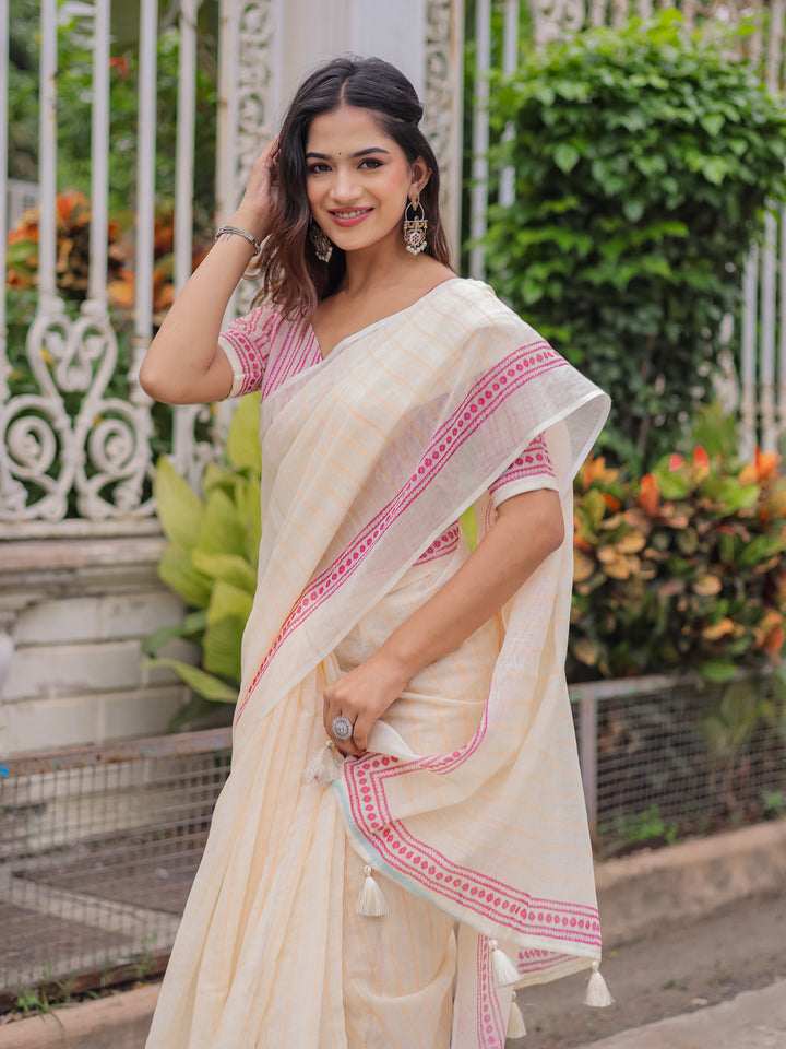 Ivory Mul Cotton Striped Saree for Women with Pink Printed Border & Tassels | Soft Breathable Office & Daily Wear Saree