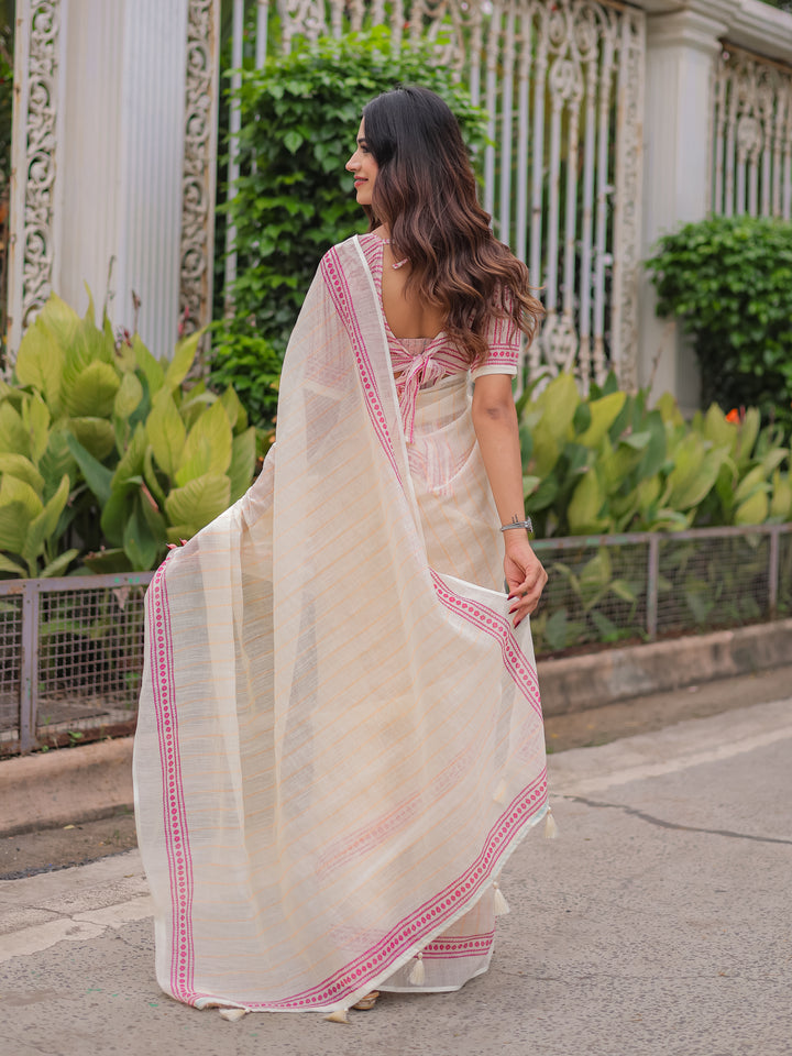 Ivory Mul Cotton Striped Saree for Women with Pink Printed Border & Tassels | Soft Breathable Office & Daily Wear Saree