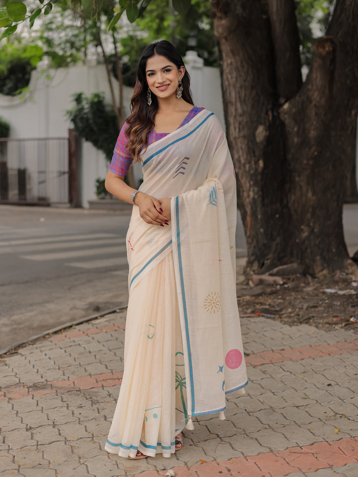 Ivory Mul Cotton Printed Saree for Women with Multicolor Abstract Motifs, Blue Border & Tassels | Soft Daily & Office Wear