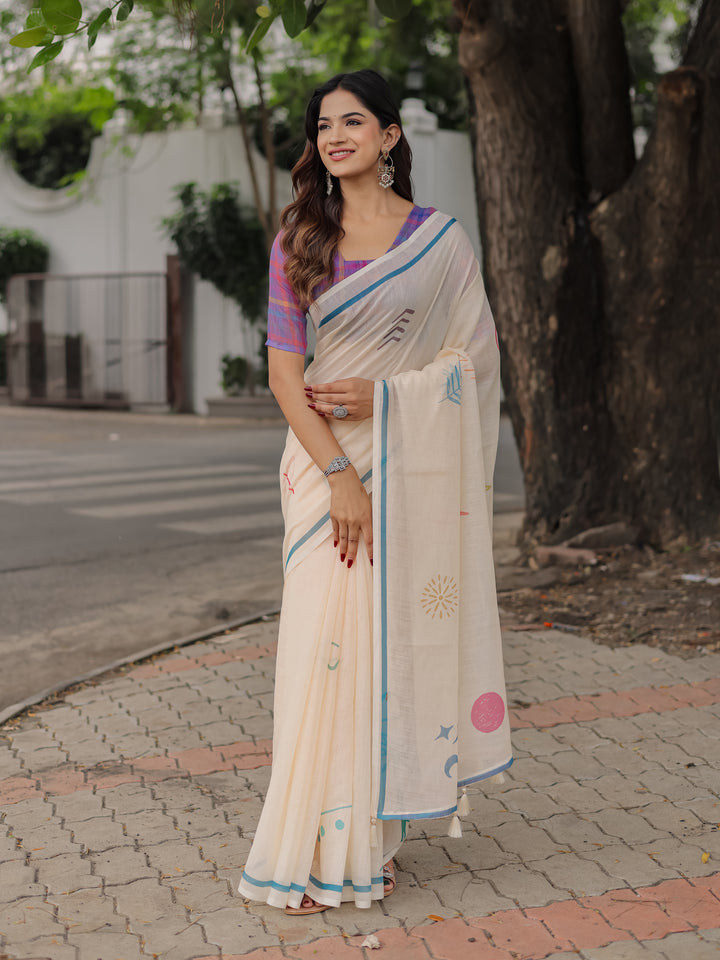 Ivory Mul Cotton Printed Saree for Women with Multicolor Abstract Motifs, Blue Border & Tassels | Soft Daily & Office Wear