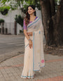 Ivory Mul Cotton Printed Saree for Women with Multicolor Abstract Motifs, Blue Border & Tassels | Soft Daily & Office Wear, Comes With Attached Blouse Piece