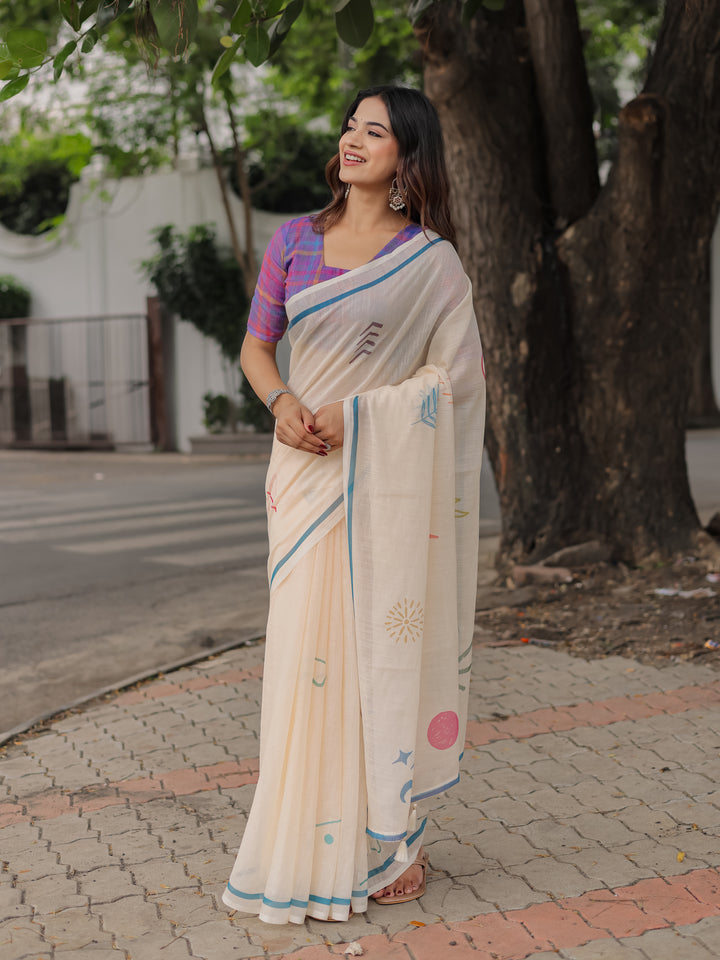 Ivory Mul Cotton Printed Saree for Women with Multicolor Abstract Motifs, Blue Border & Tassels | Soft Daily & Office Wear