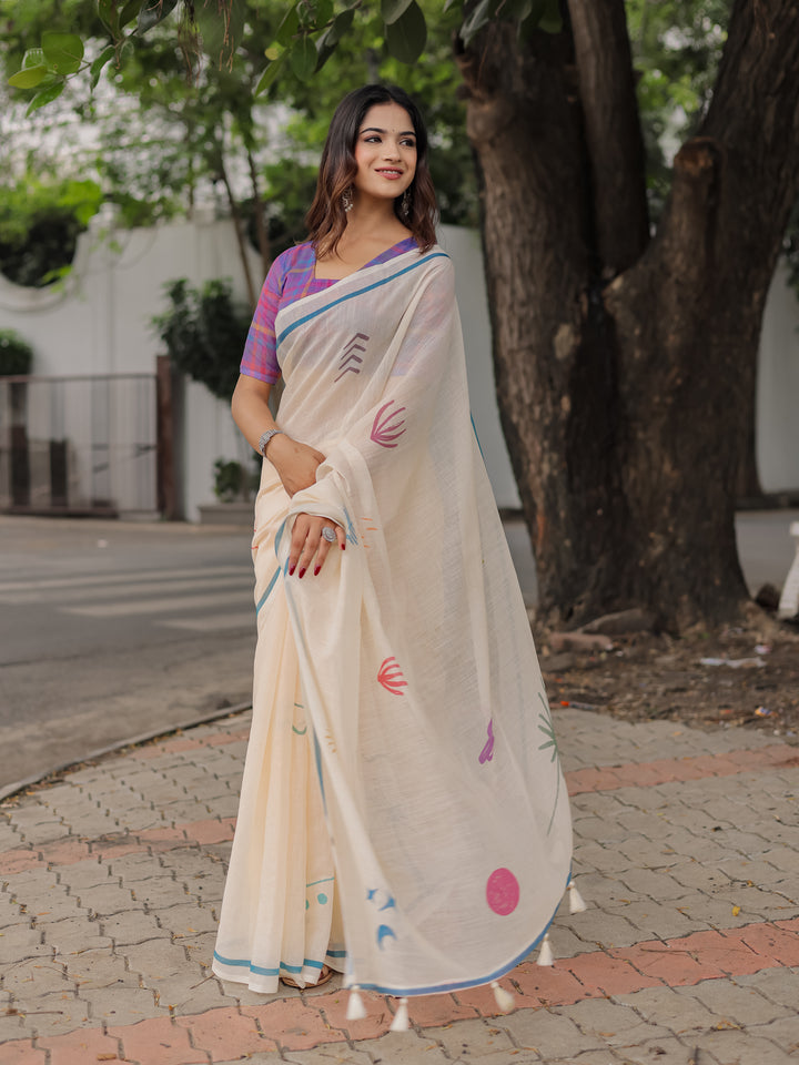 Ivory Mul Cotton Printed Saree for Women with Multicolor Abstract Motifs, Blue Border & Tassels | Soft Daily & Office Wear