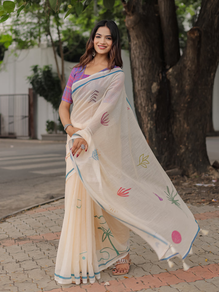 Ivory Mul Cotton Printed Saree for Women with Multicolor Abstract Motifs, Blue Border & Tassels | Soft Daily & Office Wear