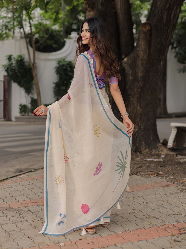 Ivory Mul Cotton Printed Saree for Women with Multicolor Abstract Motifs, Blue Border & Tassels | Soft Daily & Office Wear