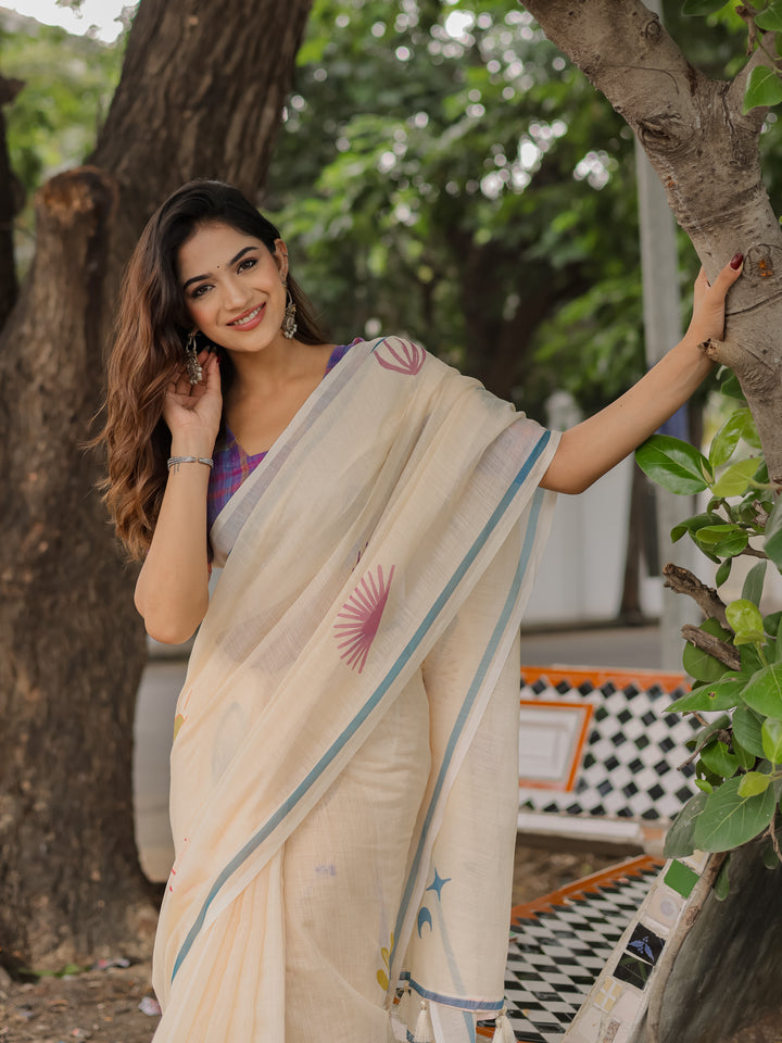 Ivory Mul Cotton Printed Saree for Women with Multicolor Abstract Motifs, Blue Border & Tassels | Soft Daily & Office Wear