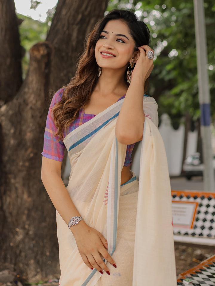 Ivory Mul Cotton Printed Saree for Women with Multicolor Abstract Motifs, Blue Border & Tassels | Soft Daily & Office Wear