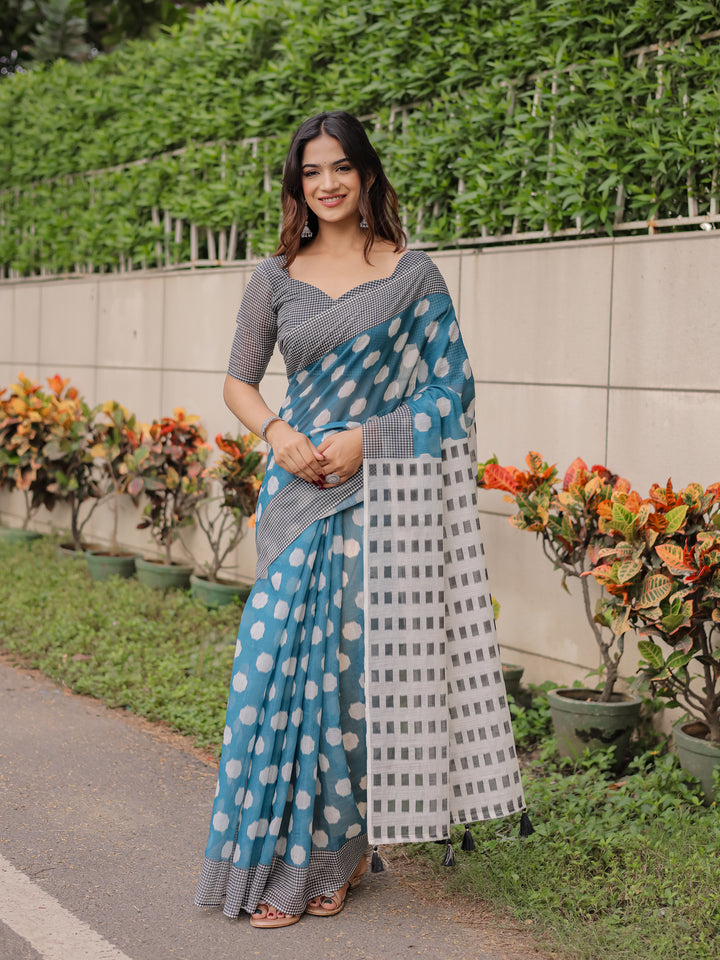 Teal Blue Mul Cotton Polka Print Saree for Women with Checkered Pallu & Tassels | Soft Breathable Daily & Office Wear