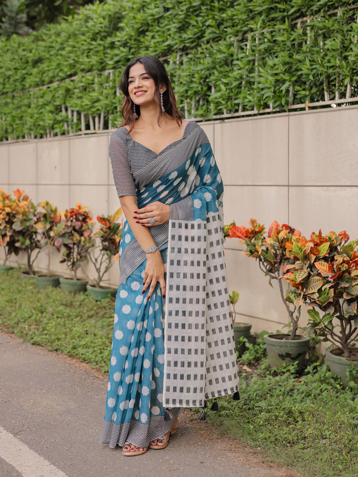 Teal Blue Mul Cotton Polka Print Saree for Women with Checkered Pallu & Tassels | Soft Breathable Daily & Office Wear