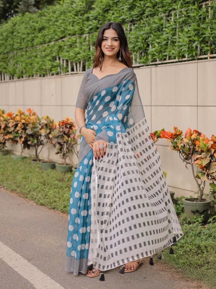 Teal Blue Mul Cotton Polka Print Saree for Women with Checkered Pallu & Tassels | Soft Breathable Daily & Office Wear