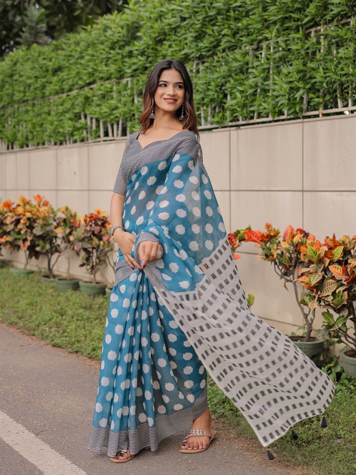 Teal Blue Mul Cotton Polka Print Saree for Women with Checkered Pallu & Tassels | Soft Breathable Daily & Office Wear