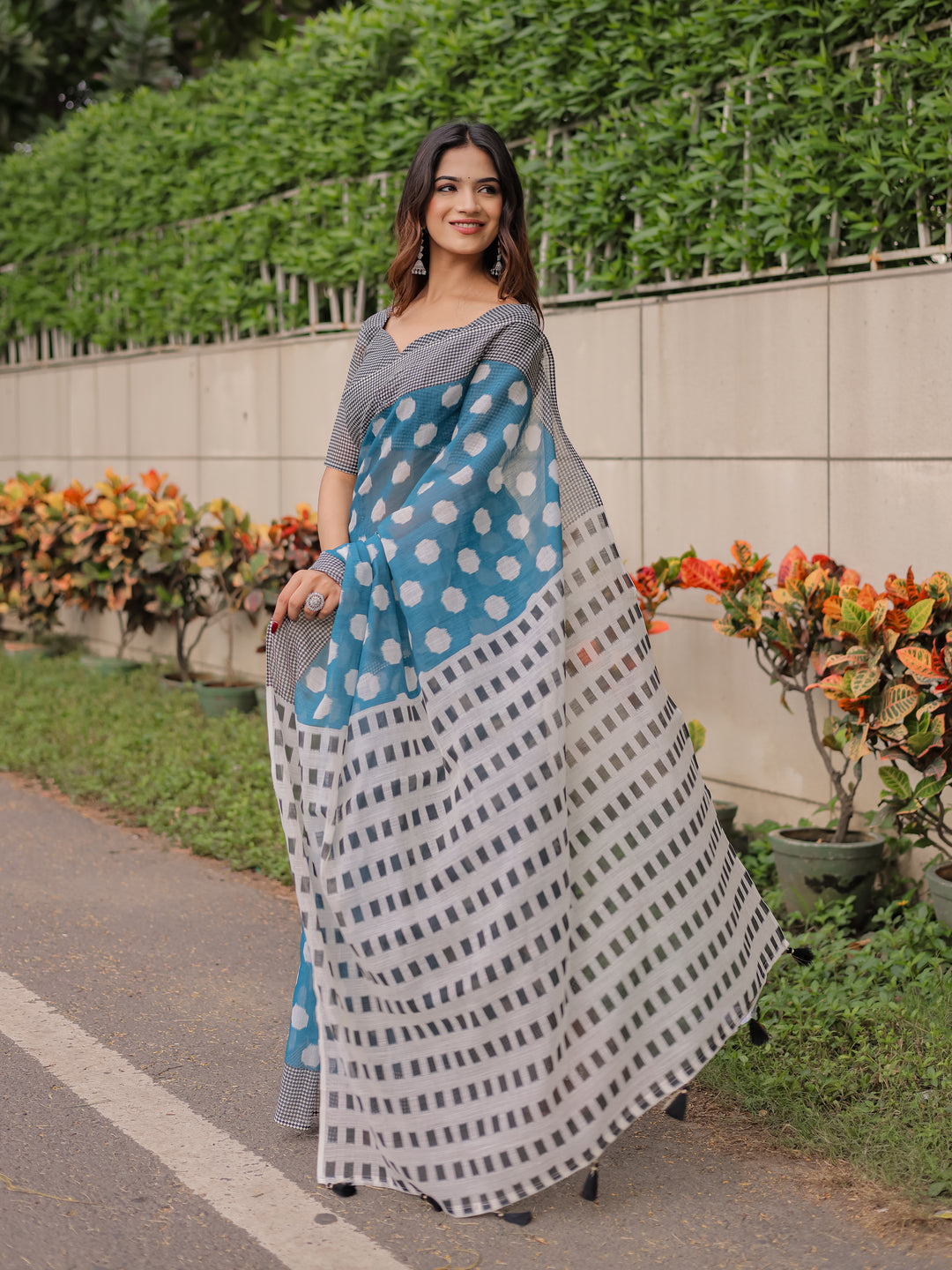 Teal Blue Mul Cotton Polka Print Saree for Women with Checkered Pallu & Tassels | Soft Breathable Daily & Office Wear