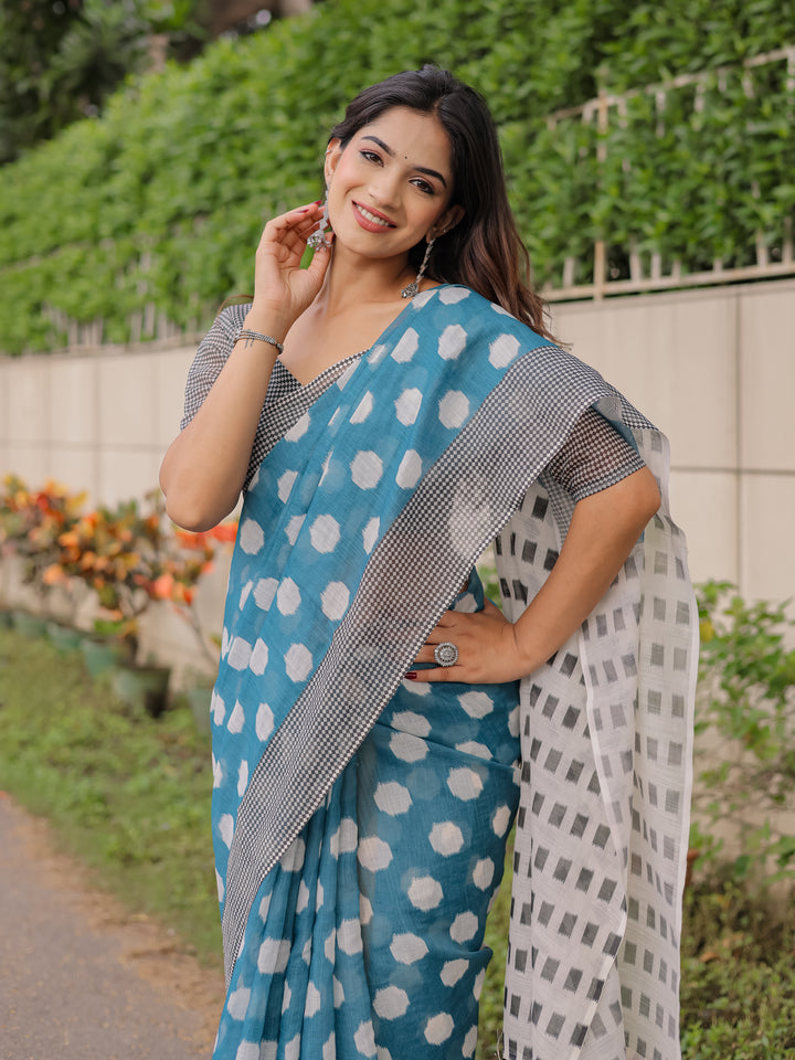 Teal Blue Mul Cotton Polka Print Saree for Women with Checkered Pallu & Tassels | Soft Breathable Daily & Office Wear
