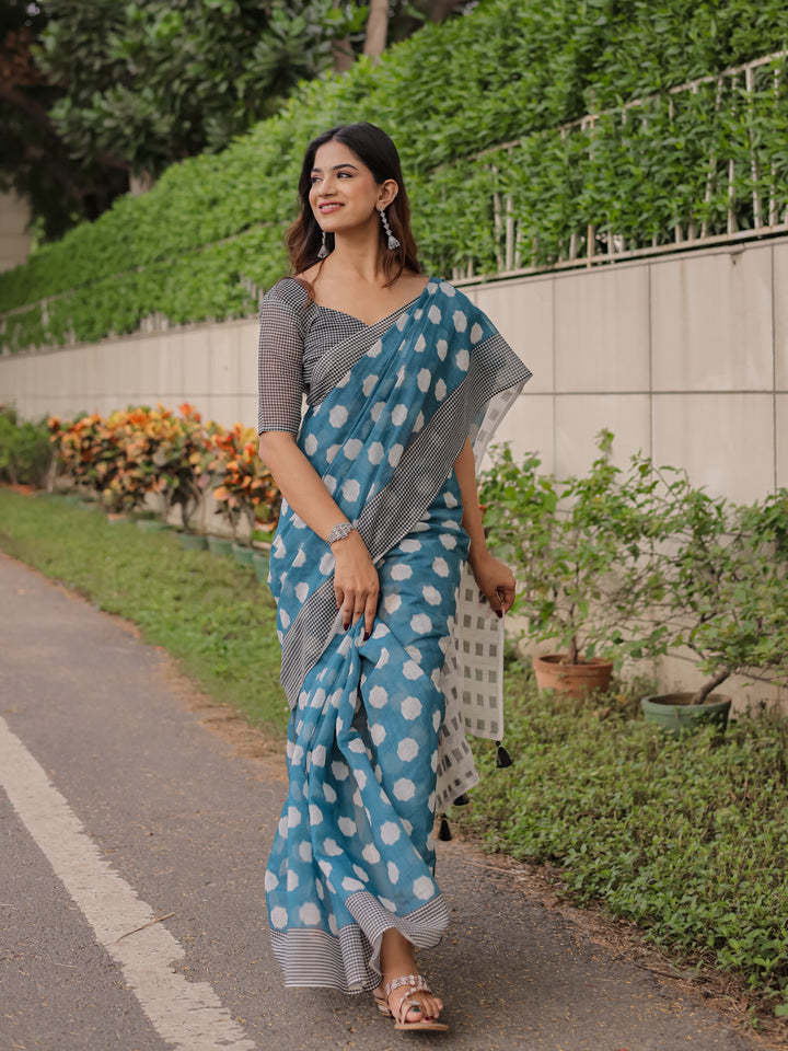 Teal Blue Mul Cotton Polka Print Saree for Women with Checkered Pallu & Tassels | Soft Breathable Daily & Office Wear