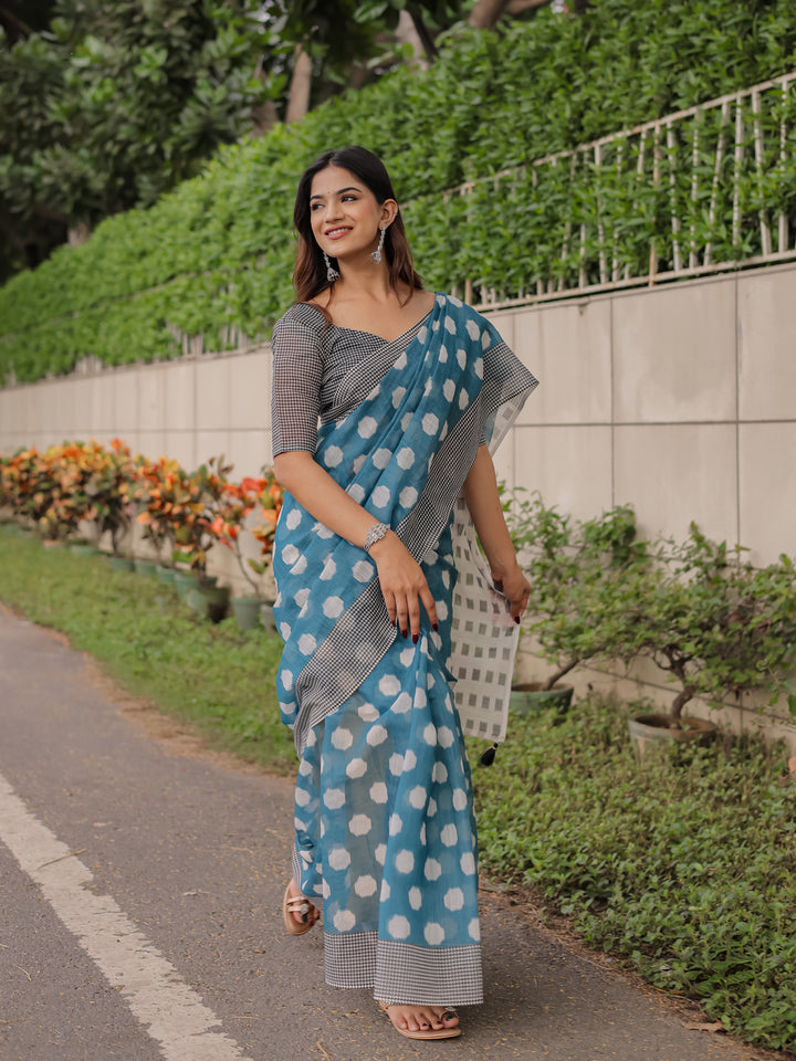 Teal Blue Mul Cotton Polka Print Saree for Women with Checkered Pallu & Tassels | Soft Breathable Daily & Office Wear