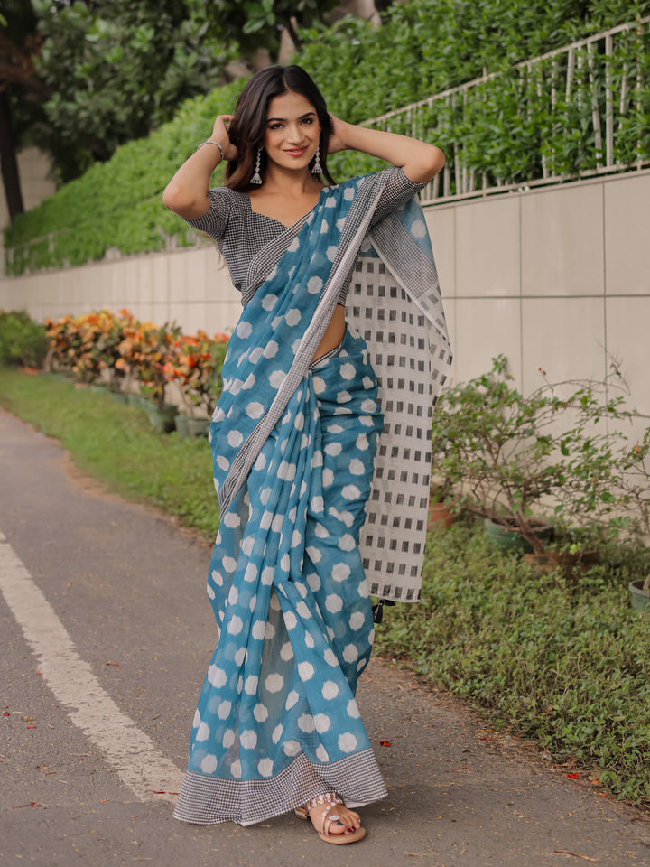 Teal Blue Mul Cotton Polka Print Saree for Women with Checkered Pallu & Tassels | Soft Breathable Daily & Office Wear