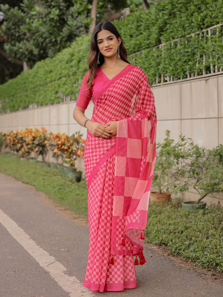 Rani Pink Mul Cotton Checkered Saree for Women with Statement Pallu & Tassels | Soft Breathable Office & Daily Wear