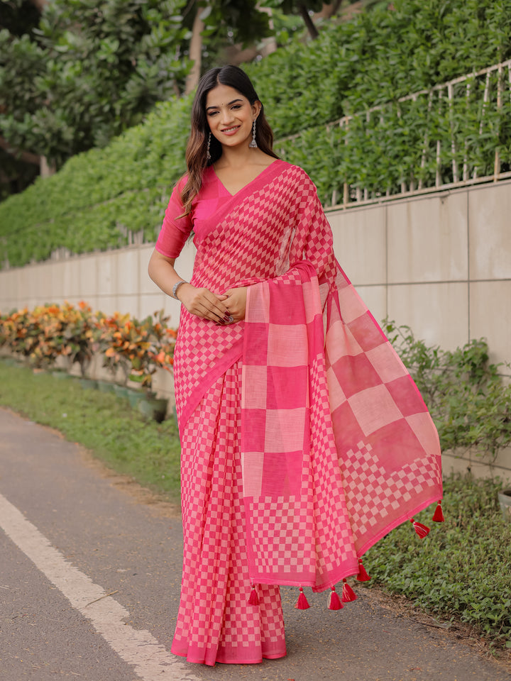 Rani Pink Mul Cotton Checkered Saree for Women with Statement Pallu & Tassels | Soft Breathable Office & Daily Wear