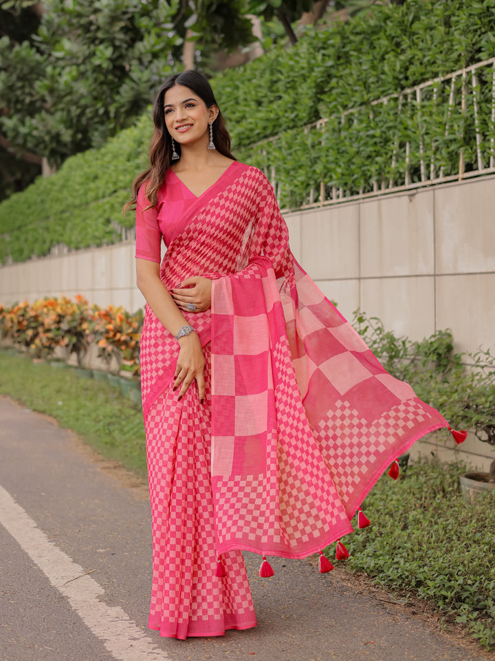 Rani Pink Mul Cotton Checkered Saree for Women with Statement Pallu & Tassels | Soft Breathable Office & Daily Wear
