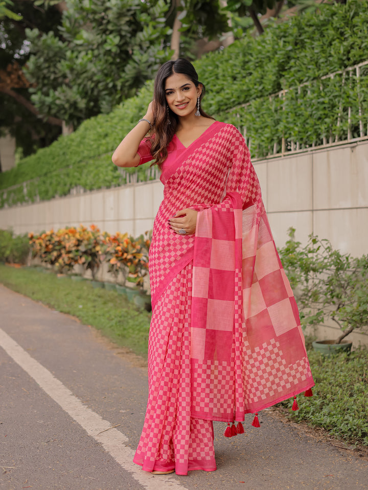 Rani Pink Mul Cotton Checkered Saree for Women with Statement Pallu & Tassels | Soft Breathable Office & Daily Wear
