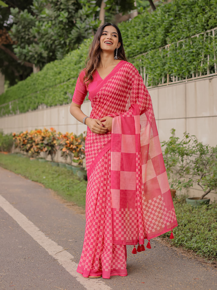 Rani Pink Mul Cotton Checkered Saree for Women with Statement Pallu & Tassels | Soft Breathable Office & Daily Wear