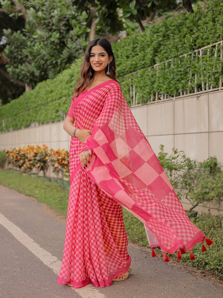 Rani Pink Mul Cotton Checkered Saree for Women with Statement Pallu & Tassels | Soft Breathable Office & Daily Wear