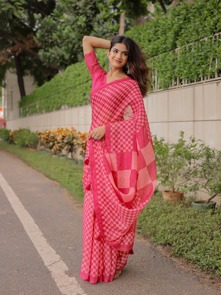 Rani Pink Mul Cotton Checkered Saree for Women with Statement Pallu & Tassels | Soft Breathable Office & Daily Wear