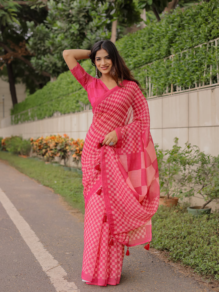 Rani Pink Mul Cotton Checkered Saree for Women with Statement Pallu & Tassels | Soft Breathable Office & Daily Wear