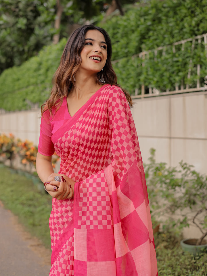 Rani Pink Mul Cotton Checkered Saree for Women with Statement Pallu & Tassels | Soft Breathable Office & Daily Wear