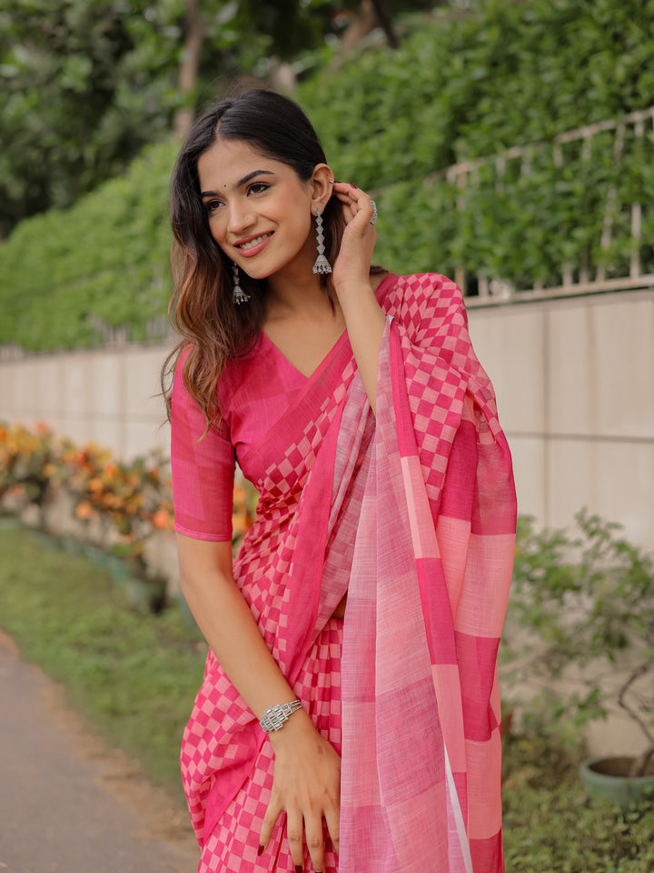 Rani Pink Mul Cotton Checkered Saree for Women with Statement Pallu & Tassels | Soft Breathable Office & Daily Wear
