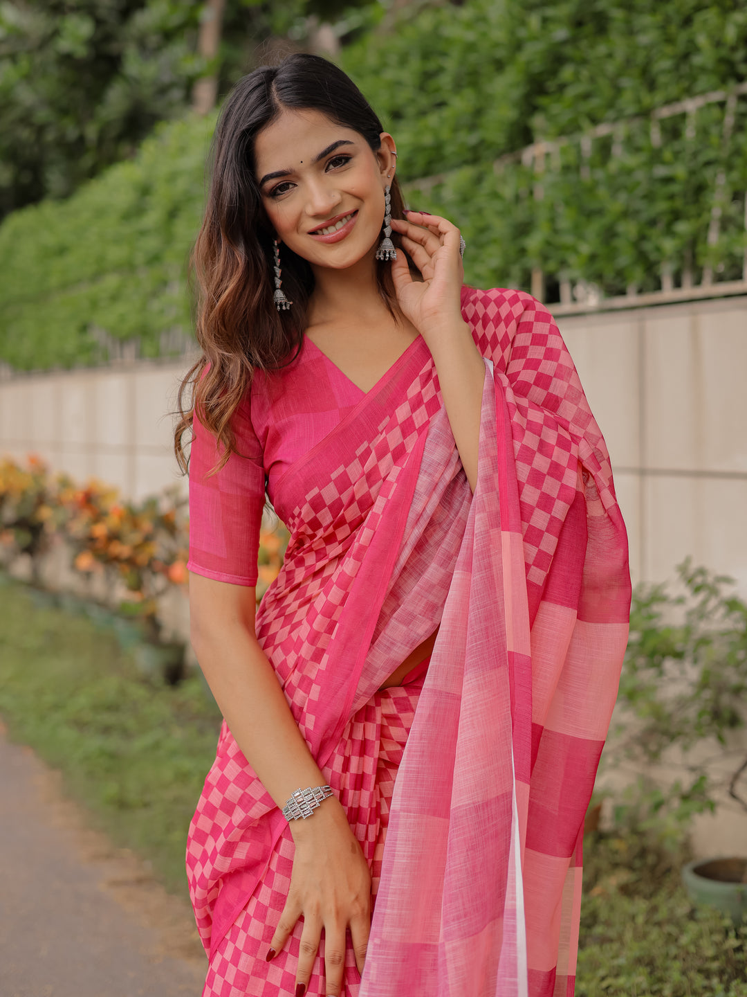 Rani Pink Mul Cotton Checkered Saree for Women with Statement Pallu & Tassels | Soft Breathable Office & Daily Wear