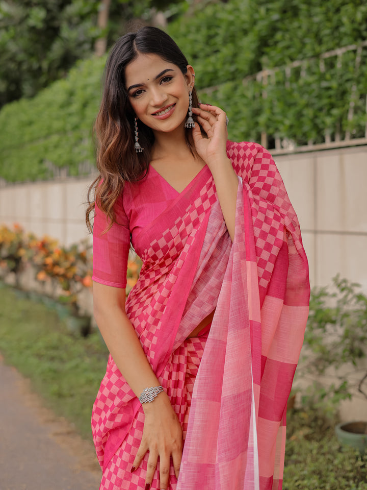 Rani Pink Mul Cotton Checkered Saree for Women with Statement Pallu & Tassels | Soft Breathable Office & Daily Wear