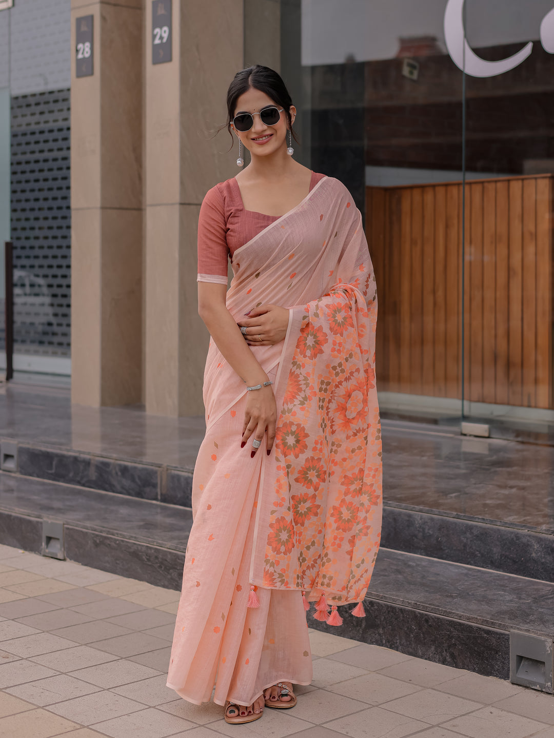 Peach Pink Mul Cotton Saree for Women with Geometric Floral Print Pallu & Tassels | Soft Breathable Office & Daily Wear