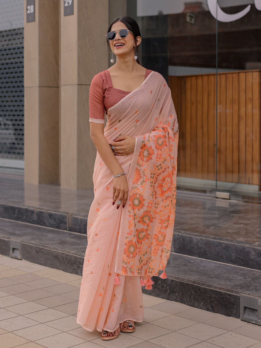 Peach Pink Mul Cotton Saree for Women with Geometric Floral Print Pallu & Tassels | Soft Breathable Office & Daily Wear