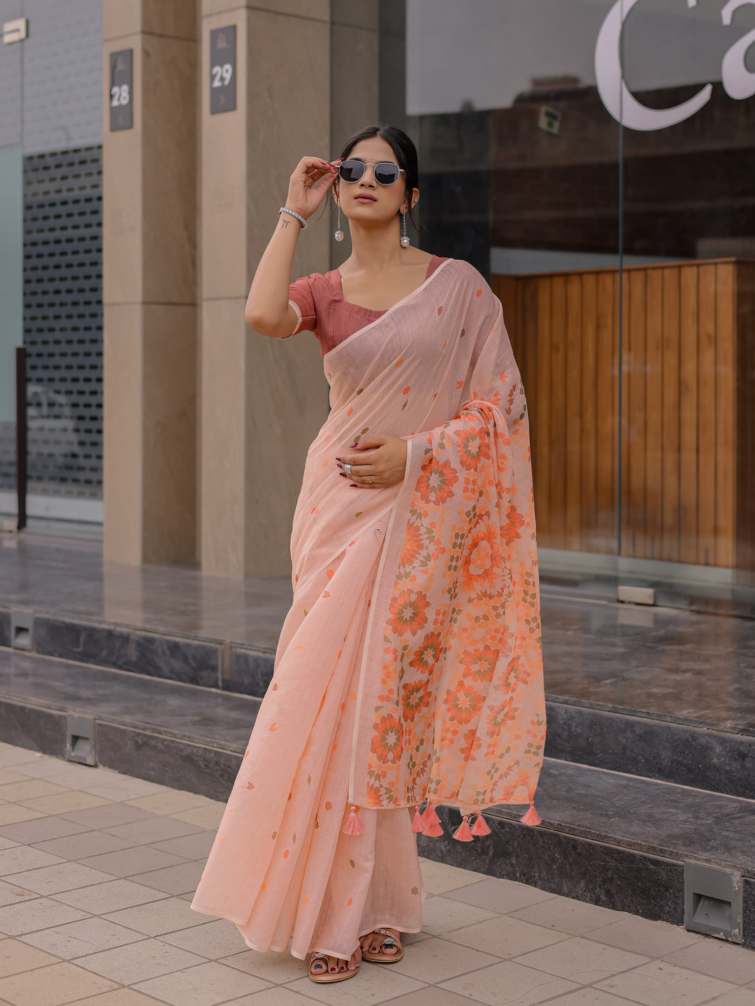Peach Pink Mul Cotton Saree for Women with Geometric Floral Print Pallu & Tassels | Soft Breathable Office & Daily Wear