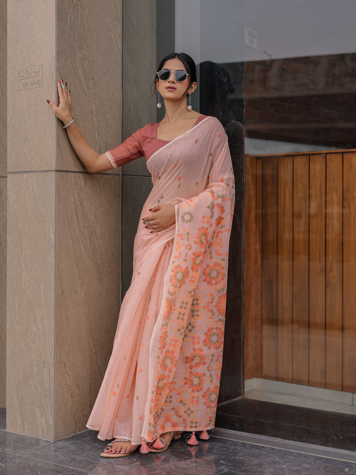 Peach Pink Mul Cotton Saree for Women with Geometric Floral Print Pallu & Tassels | Soft Breathable Office & Daily Wear