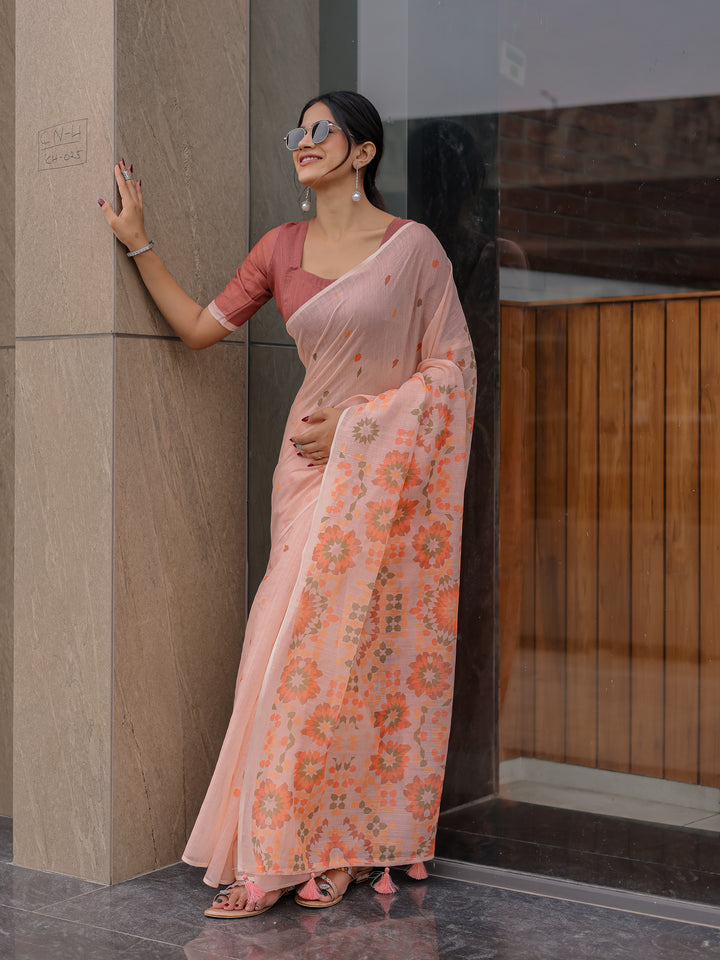Peach Pink Mul Cotton Saree for Women with Geometric Floral Print Pallu & Tassels | Soft Breathable Office & Daily Wear