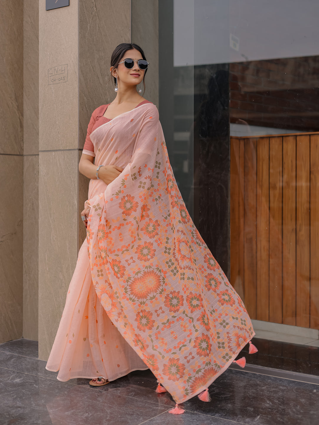 Peach Pink Mul Cotton Saree for Women with Geometric Floral Print Pallu & Tassels | Soft Breathable Office & Daily Wear