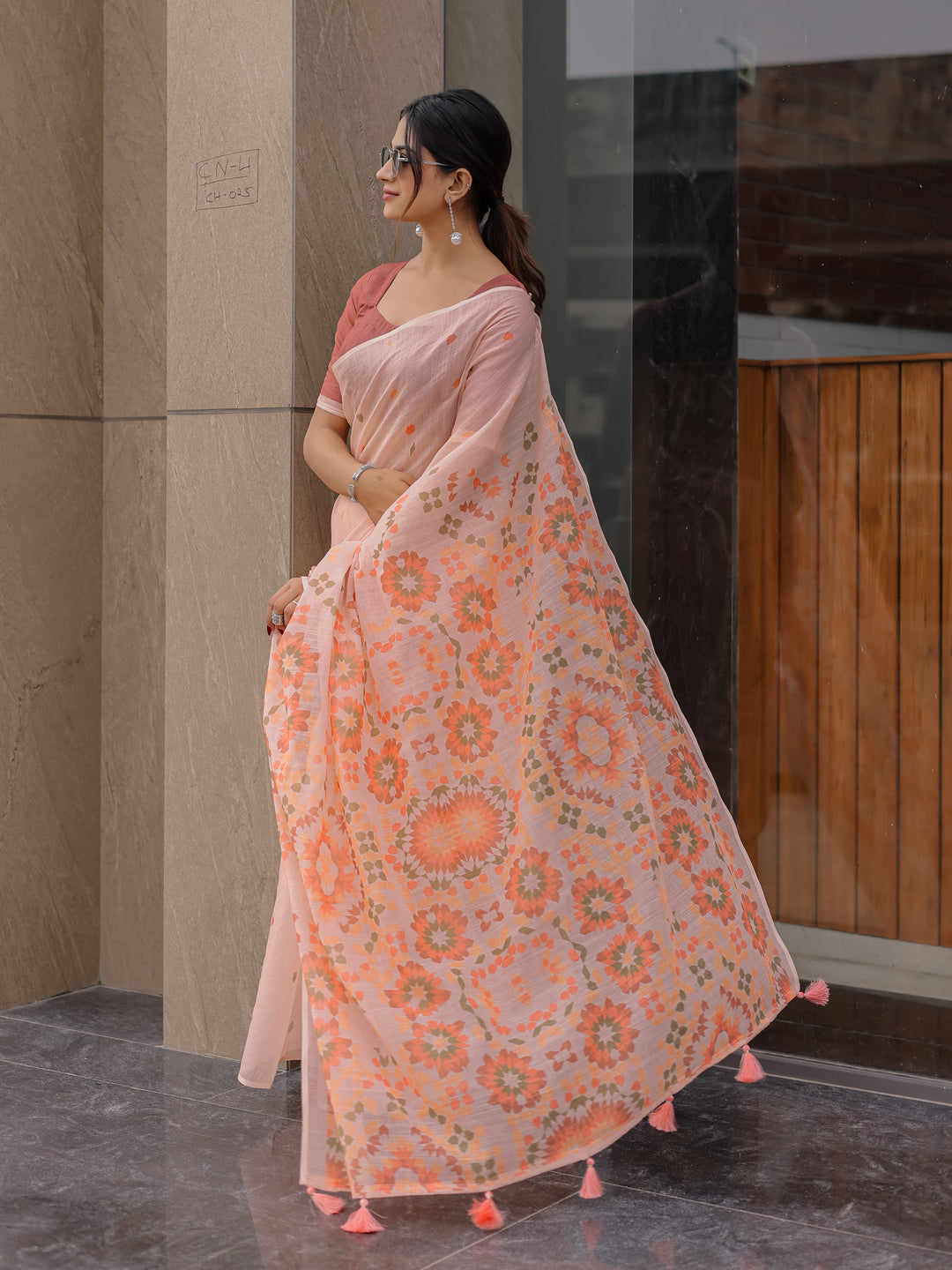 Peach Pink Mul Cotton Saree for Women with Geometric Floral Print Pallu & Tassels | Soft Breathable Office & Daily Wear