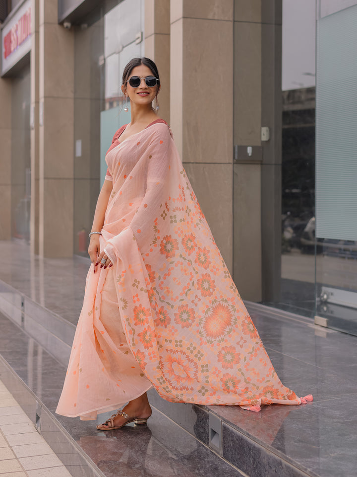Peach Pink Mul Cotton Saree for Women with Geometric Floral Print Pallu & Tassels | Soft Breathable Office & Daily Wear