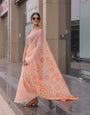 Peach Pink Mul Cotton Saree for Women with Geometric Floral Print Pallu & Tassels | Soft Breathable Office & Daily Wear, Comes With Attached Blouse Piece