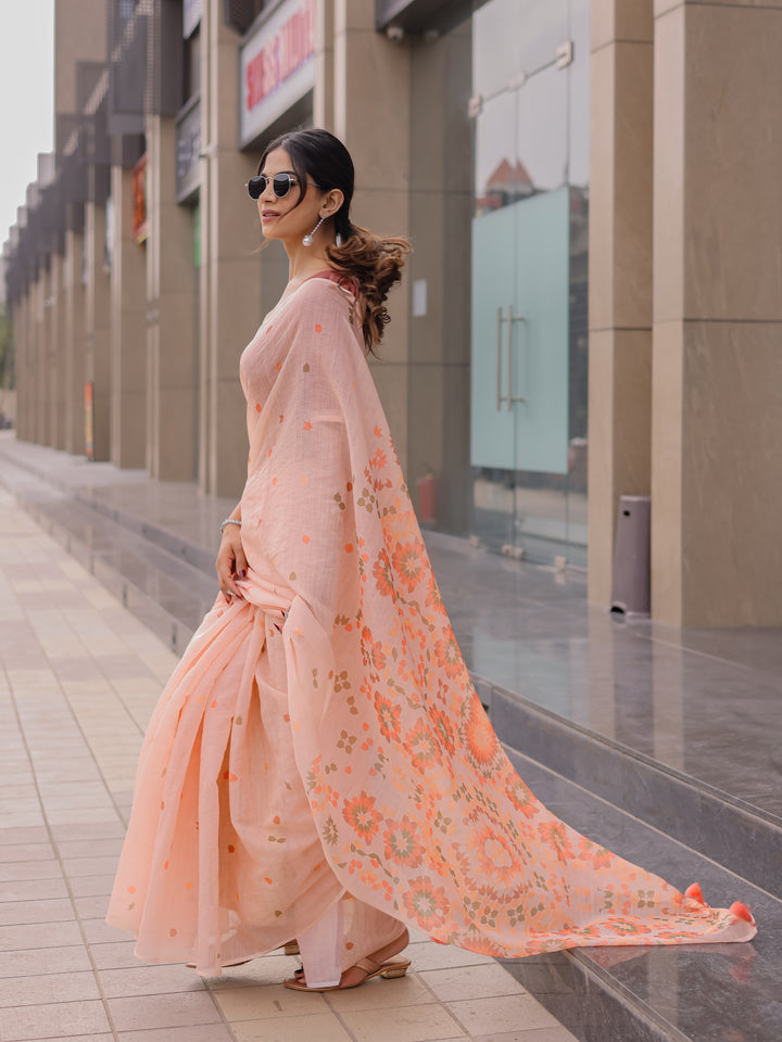 Peach Pink Mul Cotton Saree for Women with Geometric Floral Print Pallu & Tassels | Soft Breathable Office & Daily Wear