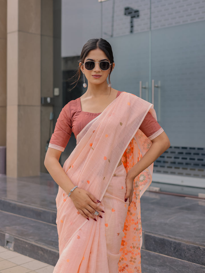 Peach Pink Mul Cotton Saree for Women with Geometric Floral Print Pallu & Tassels | Soft Breathable Office & Daily Wear