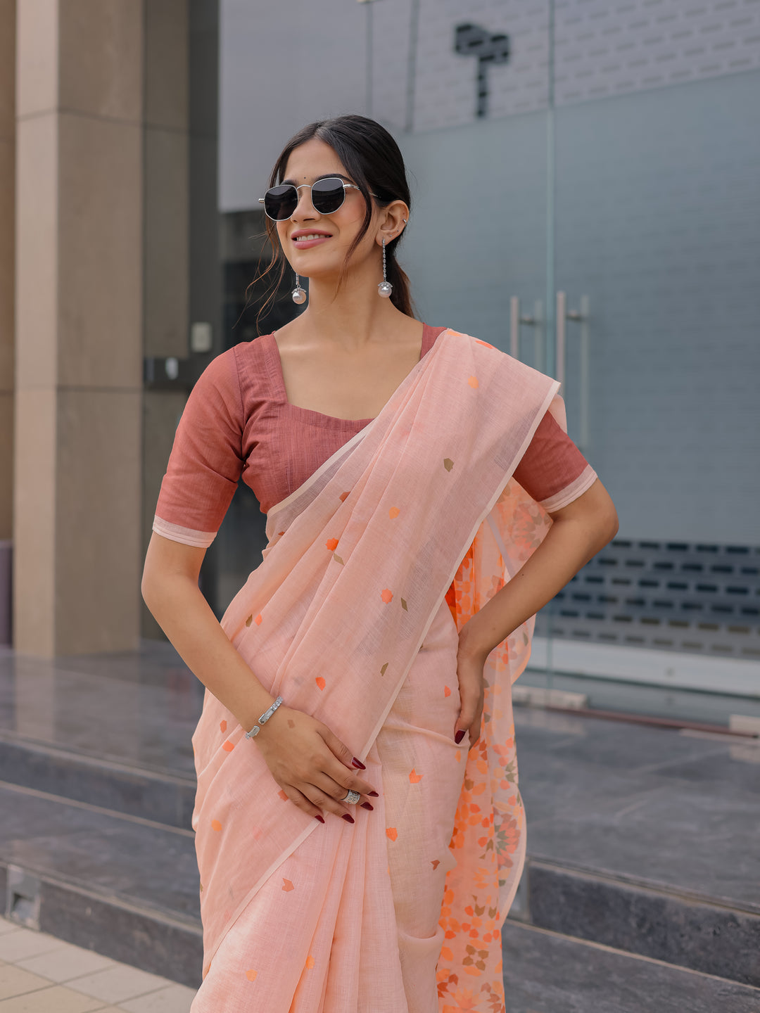 Peach Pink Mul Cotton Saree for Women with Geometric Floral Print Pallu & Tassels | Soft Breathable Office & Daily Wear